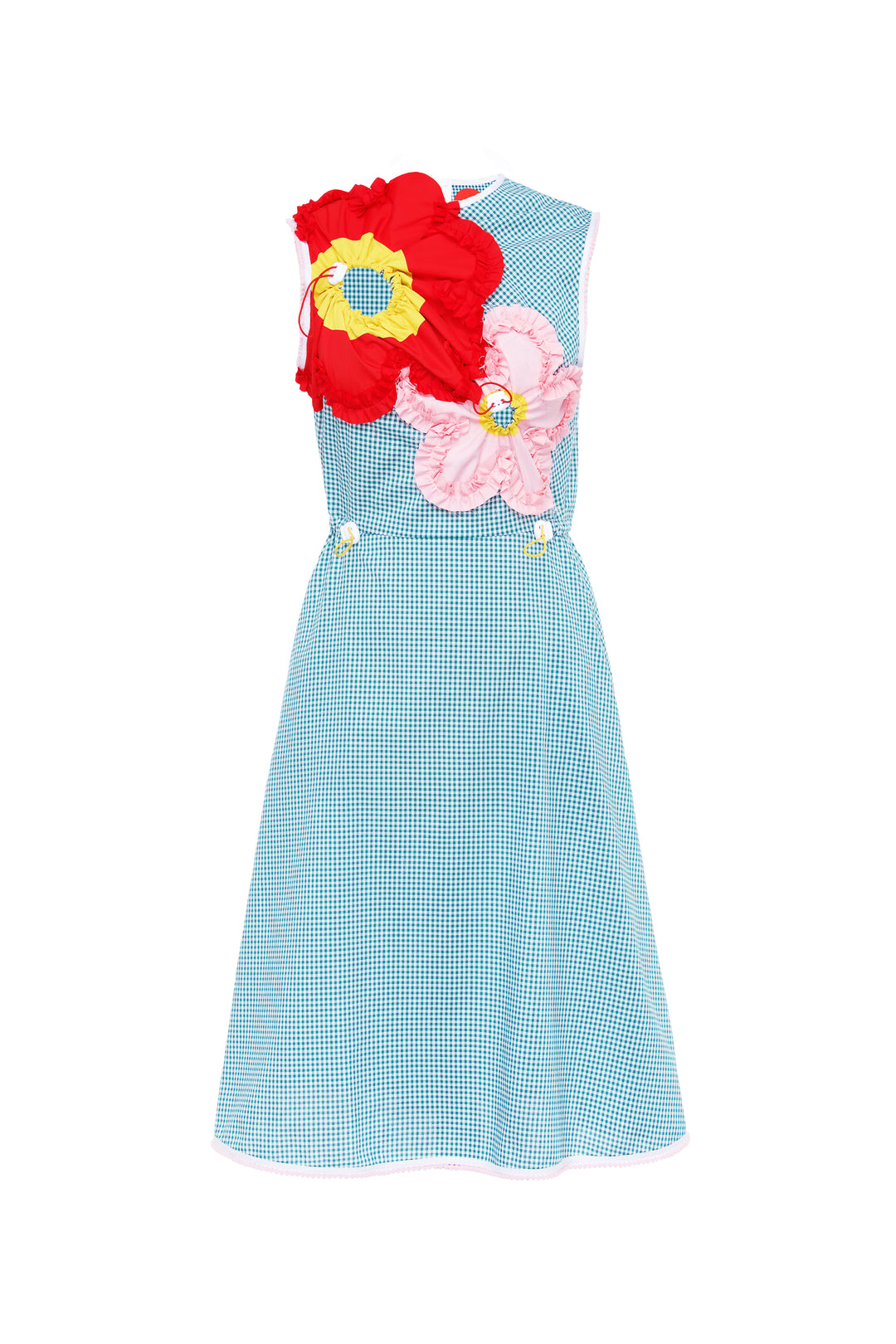 Check dress with ruffled flowers