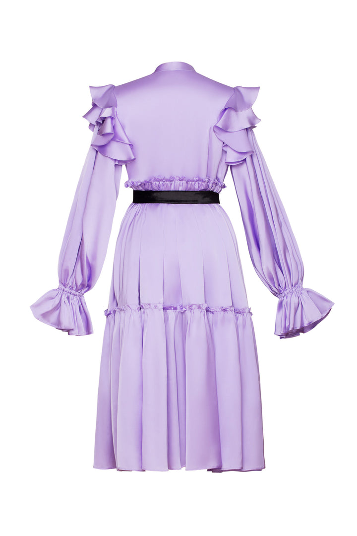 Tie-neck long sleeve ruffled dress