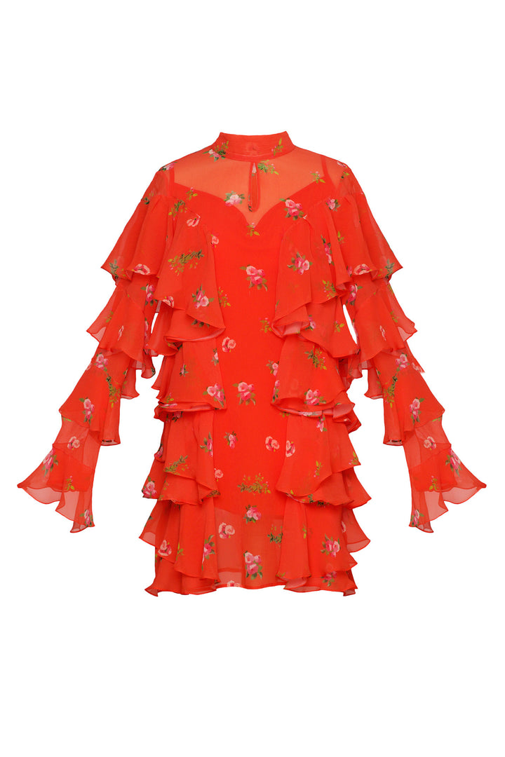 Mini tie-neck ruffled dress