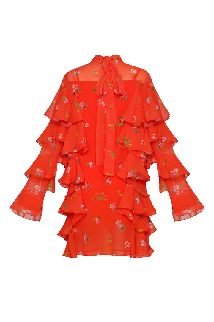 Mini tie-neck ruffled dress