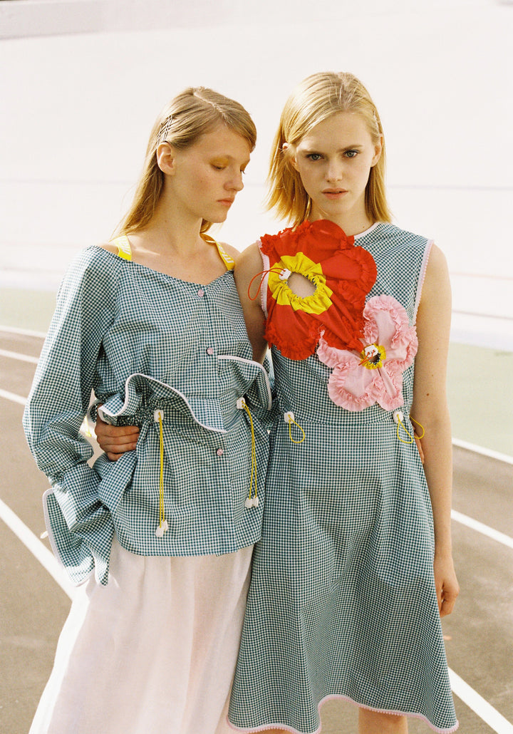 Check dress with ruffled flowers
