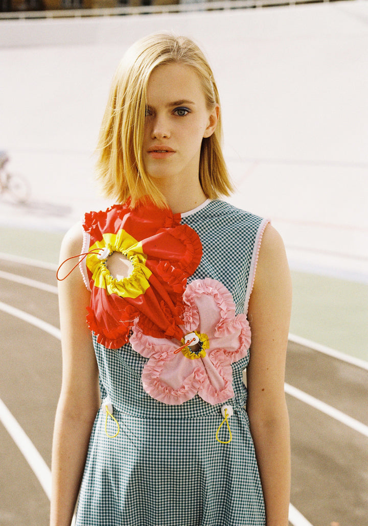 Check dress with ruffled flowers