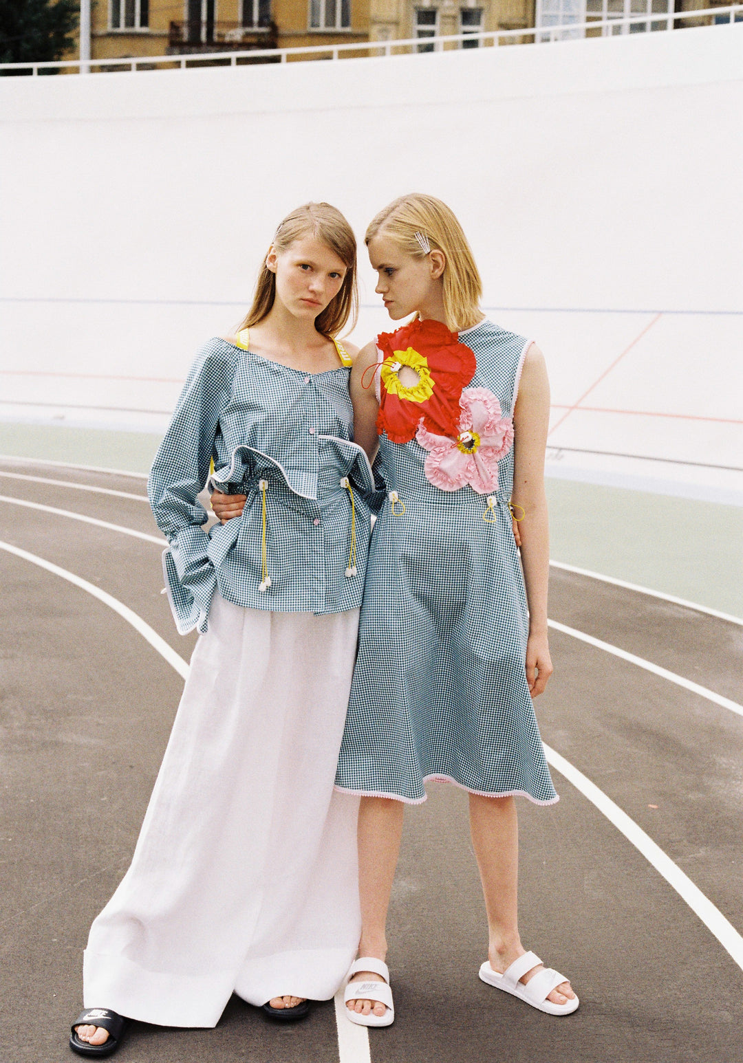 Check dress with ruffled flowers