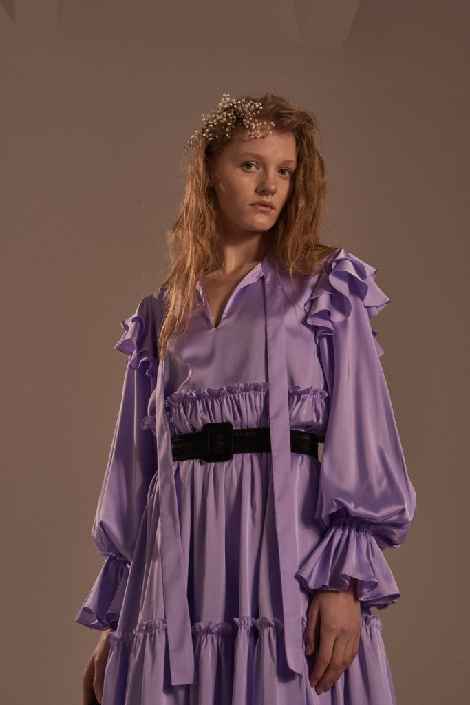 Tie-neck long sleeve ruffled dress