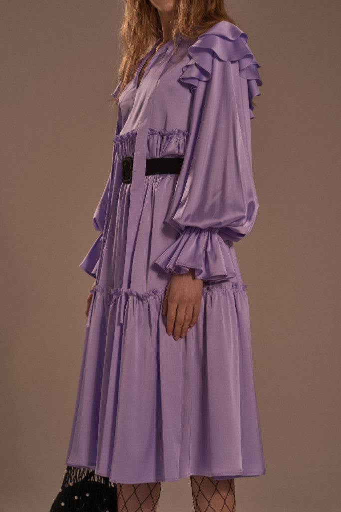 Tie-neck long sleeve ruffled dress