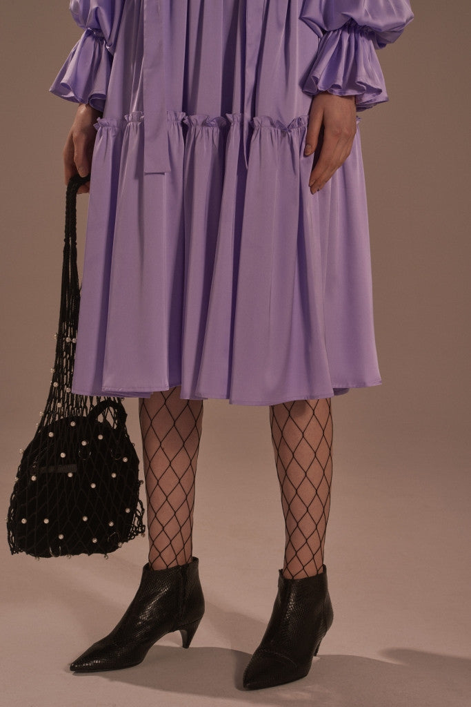 Tie-neck long sleeve ruffled dress