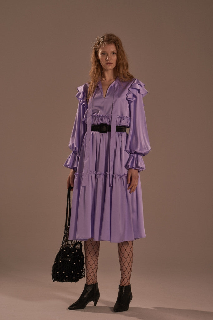 Tie-neck long sleeve ruffled dress