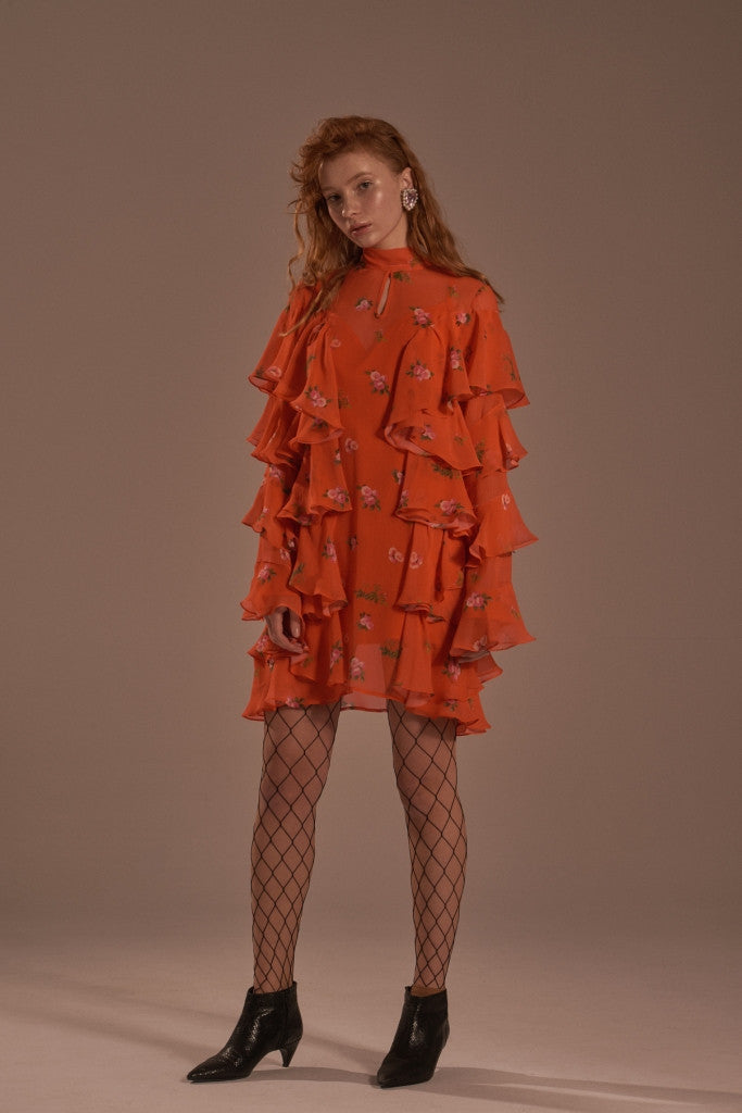 Mini tie-neck ruffled dress