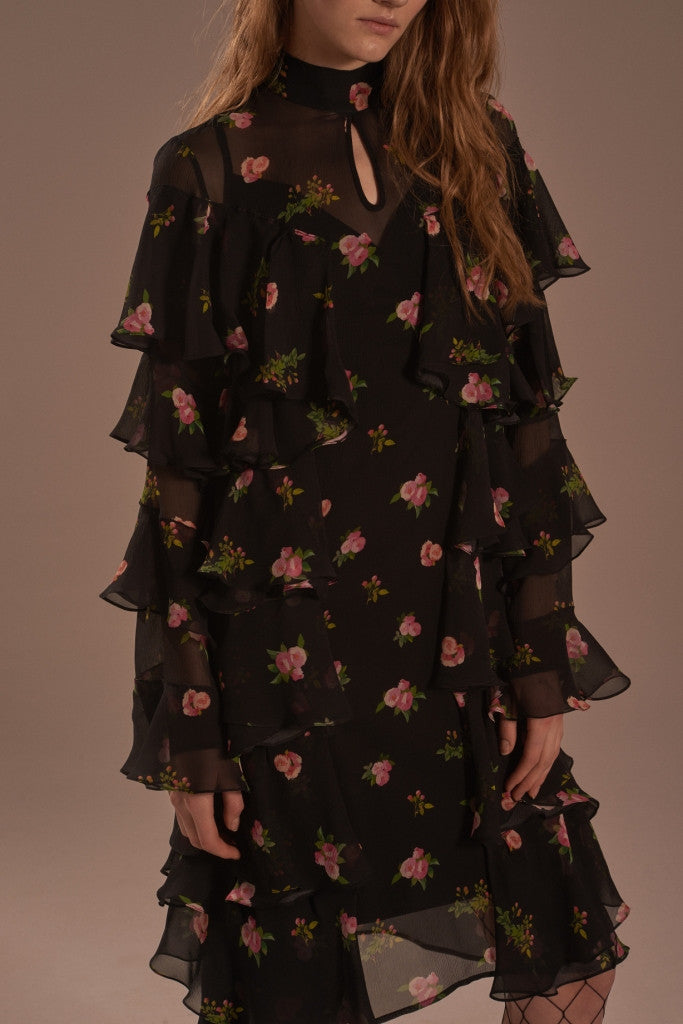 Midi tie-neck ruffled dress
