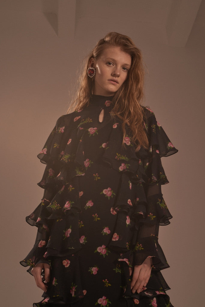 Midi tie-neck ruffled dress