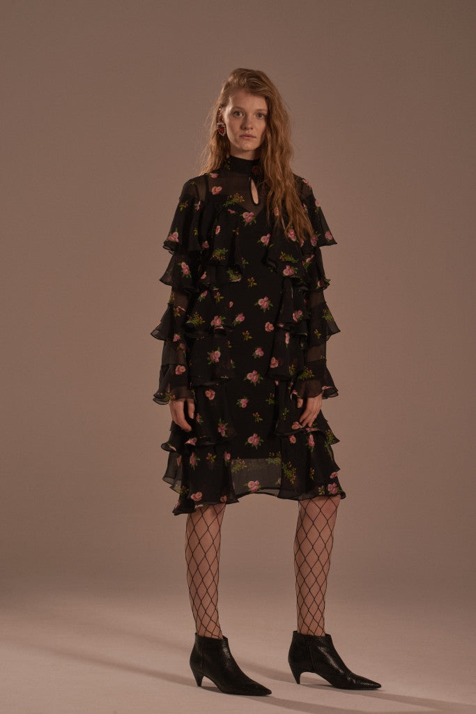 Midi tie-neck ruffled dress