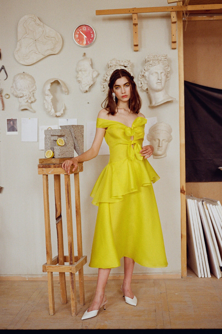 Silk off-the-shoulder midi dress